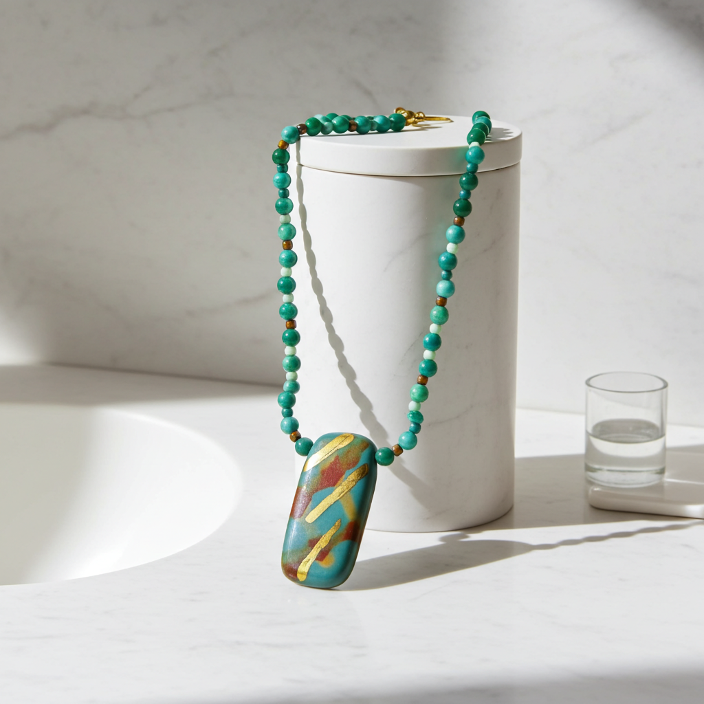 Bright Turquoise Fair Trade Pendant on Agate Beaded Necklace