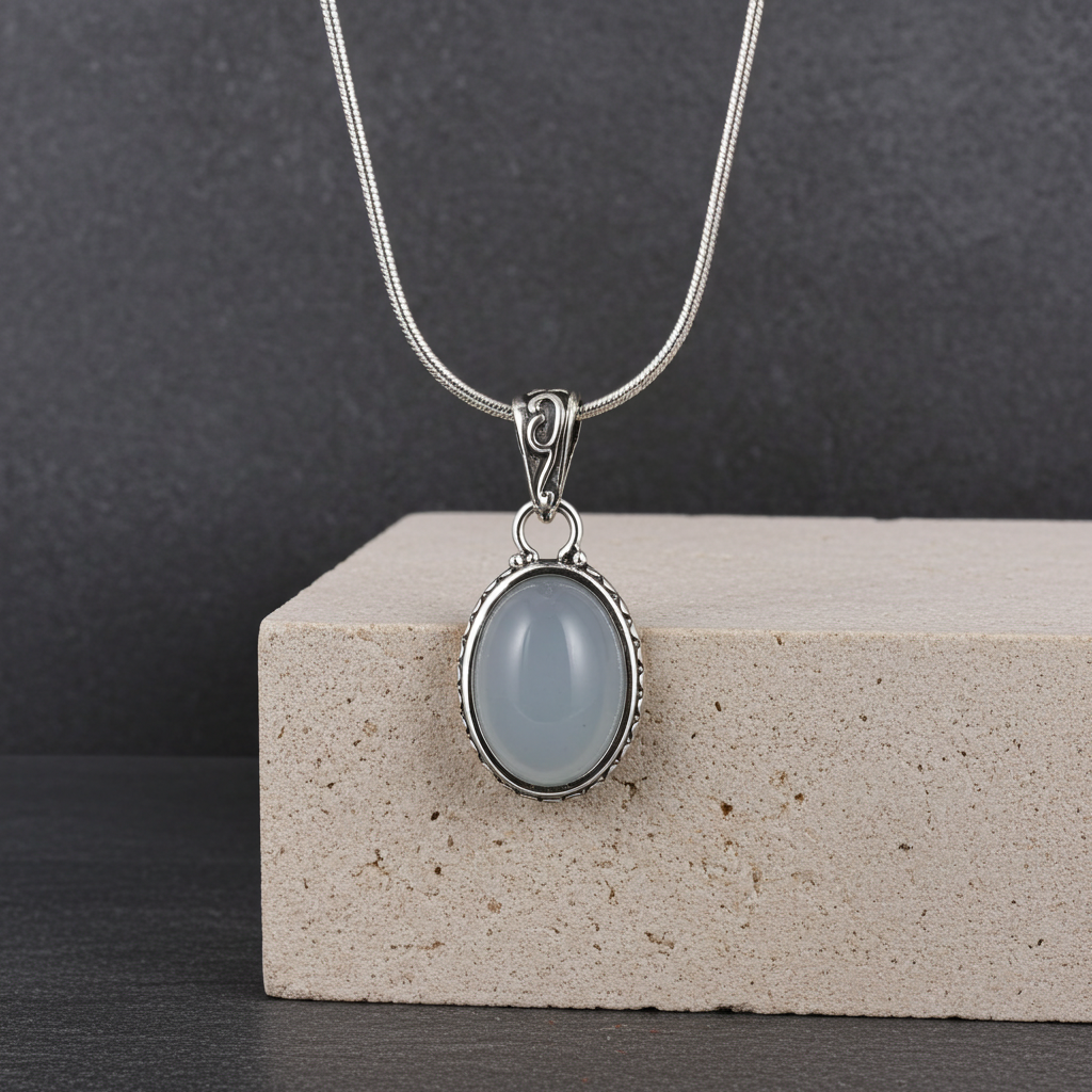 Blue Chalcedony  Cabochon Pendant Necklace