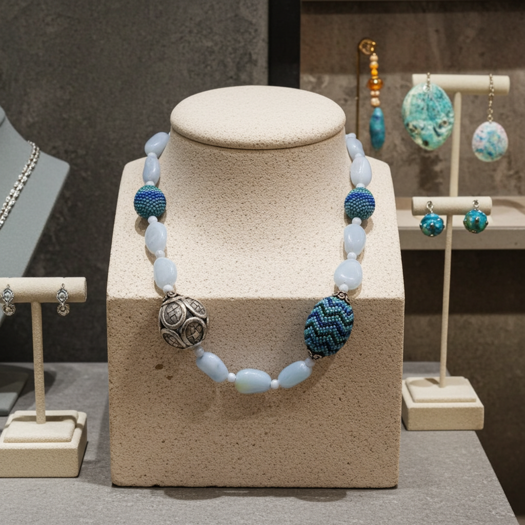 Unique Bead Necklace in Chalodony and Blue Seed Beads