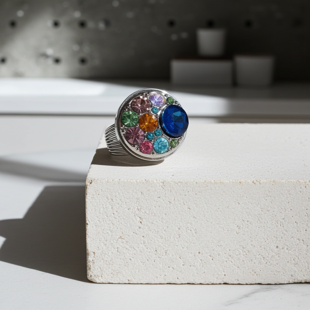 Multi Crystal  Fashion Silver Ring Adjustable