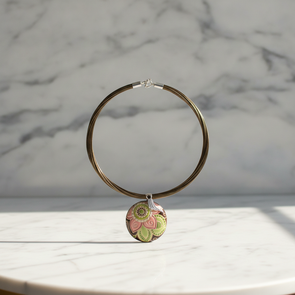 Handmade Pink Flower Pendant Necklace on Multi-strand Necklace