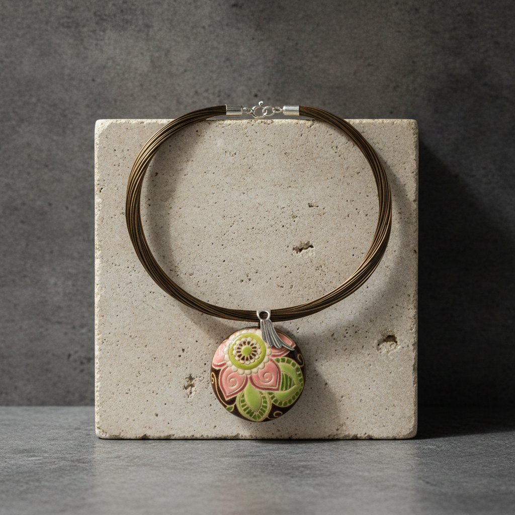 Handmade Pink Flower Pendant Necklace on Multi-strand Necklace