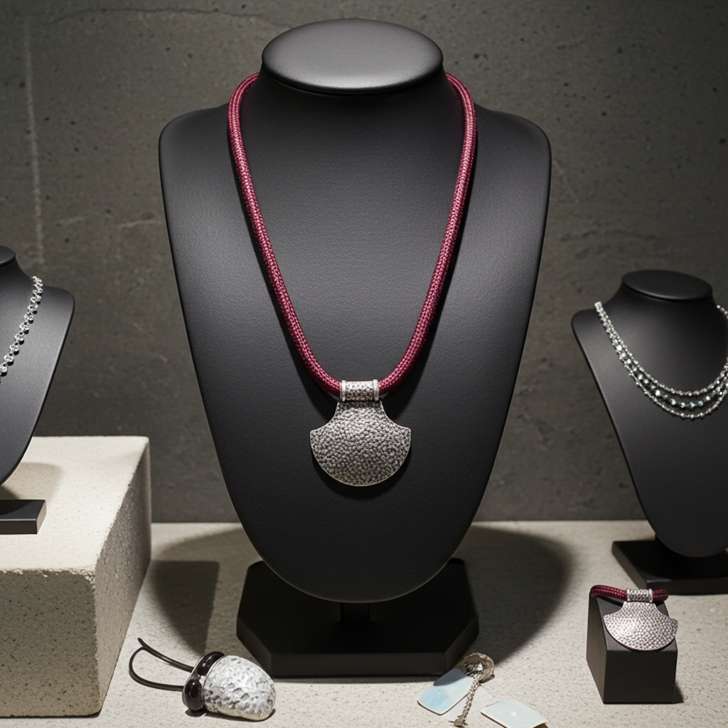 Silver Shield Pendant on Maroon Metallic Cord Necklace