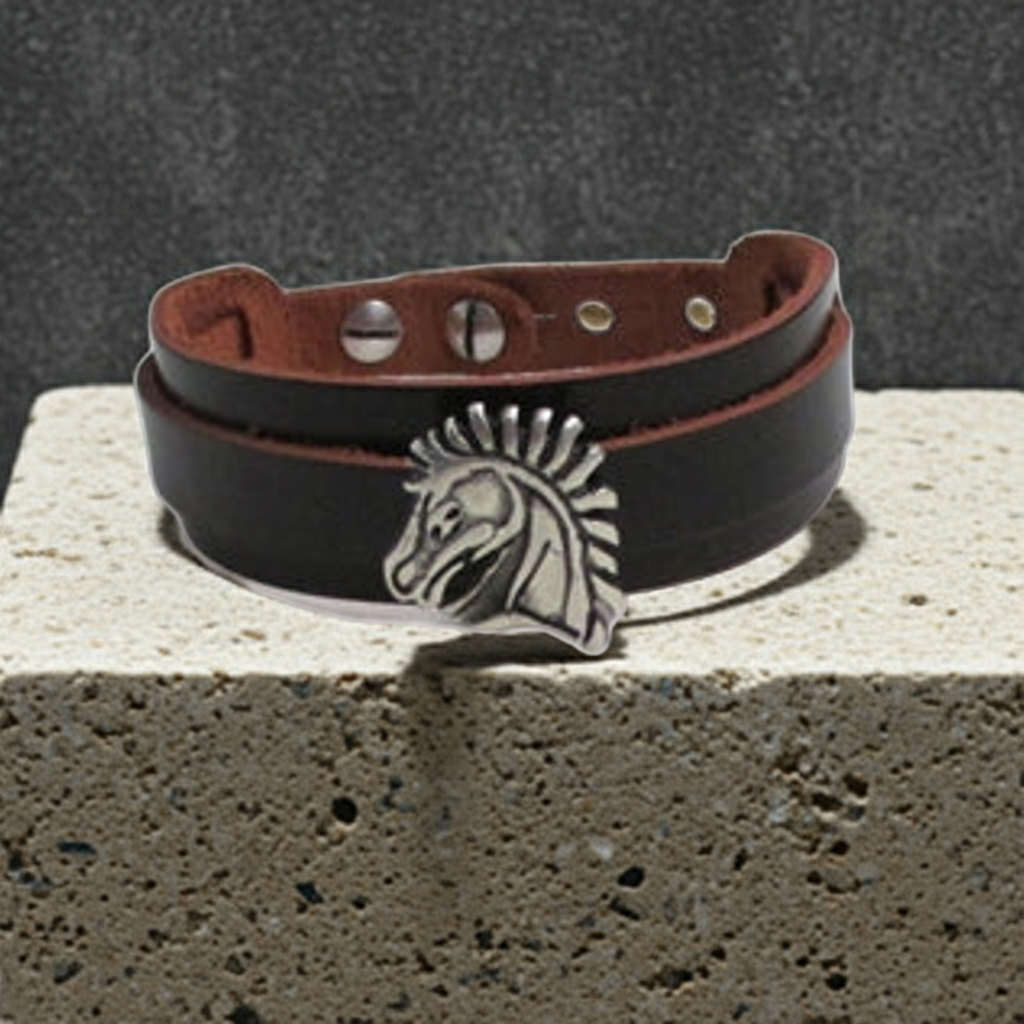 Maroon Leather Cuff Bracelet Hose Head Accent Unisex
