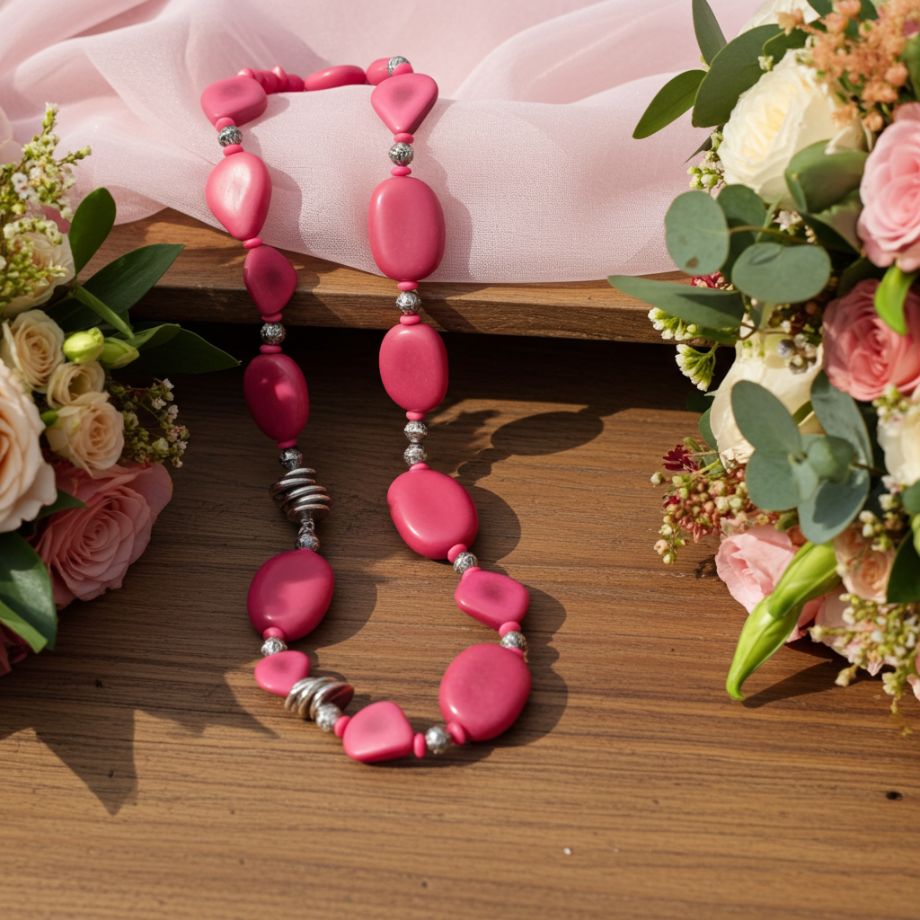 Big Bold Vegetable Ivory Tagua Nut Bead Necklace in Hot Pink