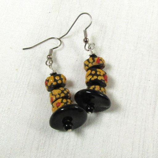 Black & Gold African Trade Bead Drop Earrings