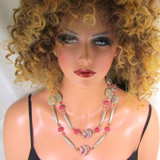 Rose and Green Double Stranded Kazuri Necklace Fair Trade