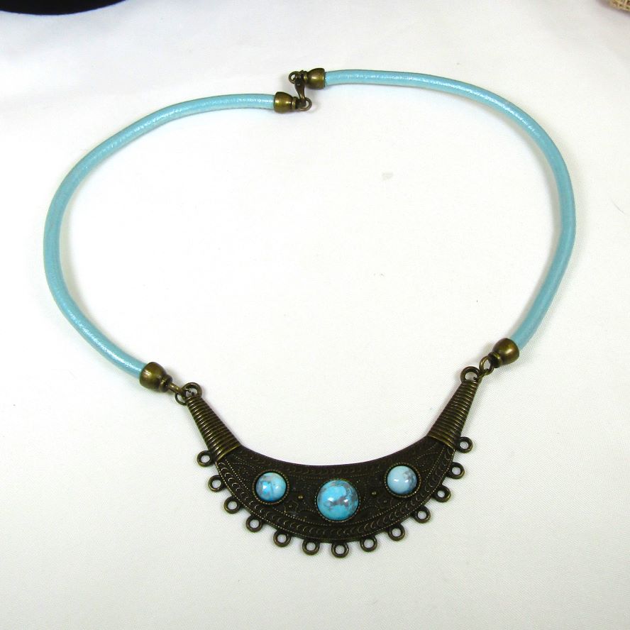 Antique Brass & Aqua Leather Necklace