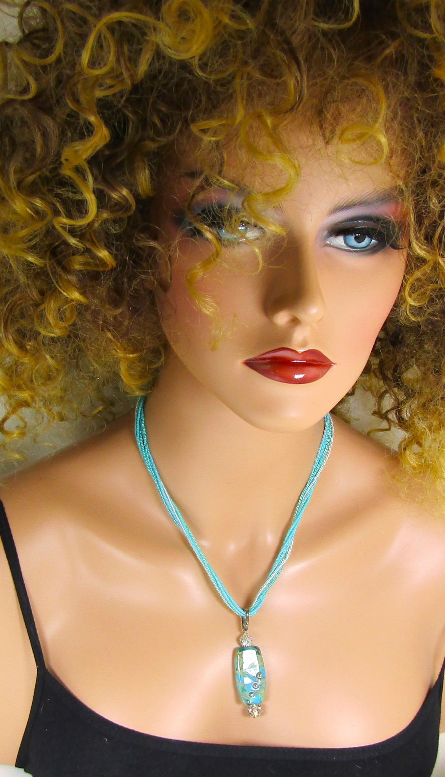Exotic Aqua Lampwork Pendant on Aqua Seed Bead Necklace