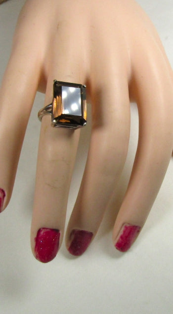 Emerald Cut Gemstone Smokey Quartz Sterling Silver Ring Size 7