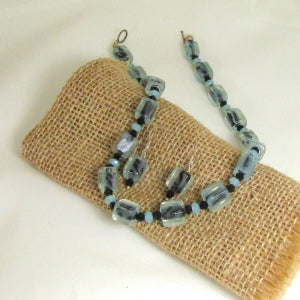 Aqua and Black Artisan Bead Necklace and Earrings