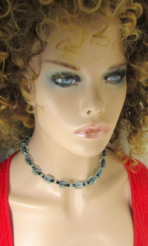Aqua and Black Artisan Bead Necklace and Earrings