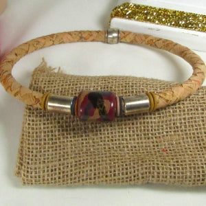 Beige Portuguese Cork & Large Kazuri Unisex's Necklace