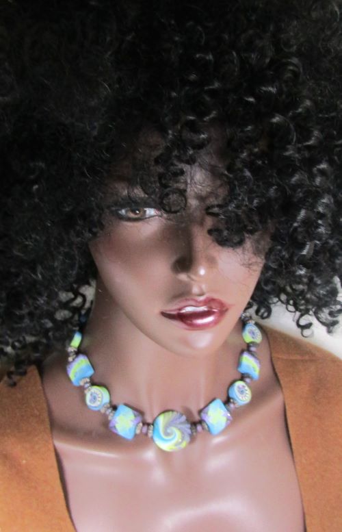 Blue Handmade Polymer Clay Artisan Bead Necklace