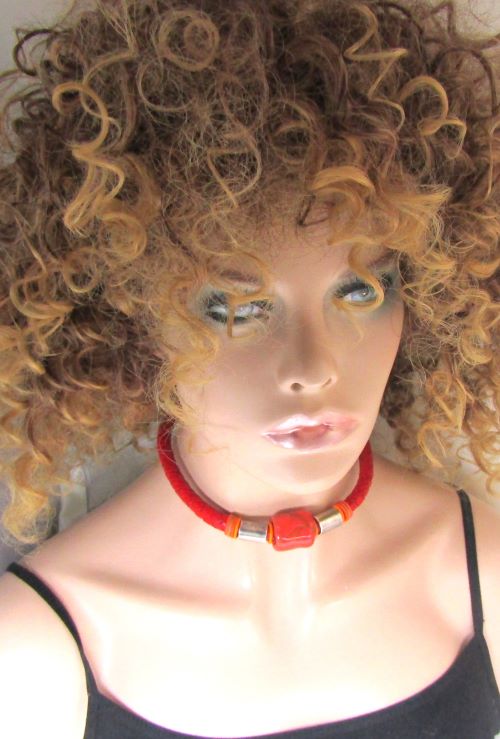 Kazuri Bead Red Braided Leather Choker Necklace
