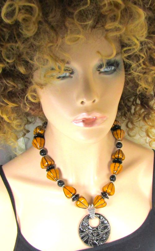 Honey and Black Kazuri Warrior Necklace with Fair Trade Pendant
