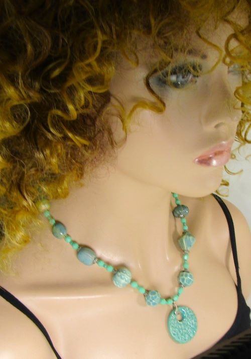 Aqua Handmade Artisan Necklace with Swazi Pendant