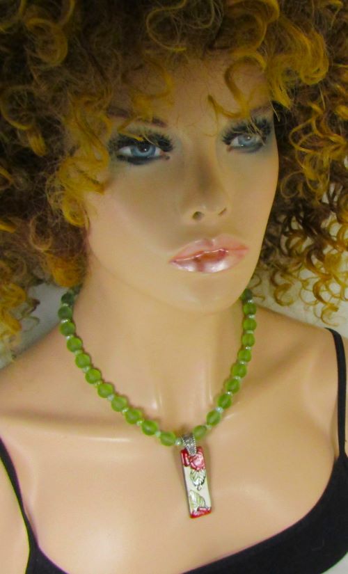Green Sea Glass Necklace with Handmade  Pendant