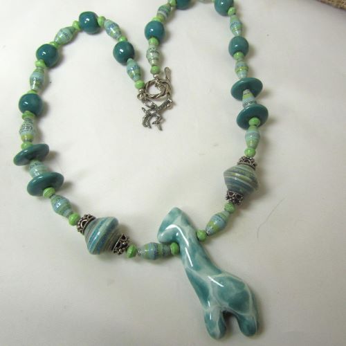 Handmade African Bead Necklace Aqua Kazuri Giraffe Kazuri