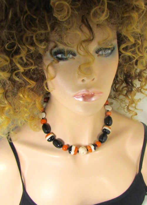 Black, Rust and Cream Kazuri  Necklace