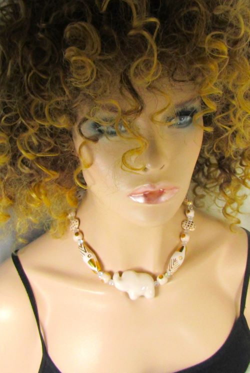 Kazuri  Necklace in White Chocolate and Gold Elephant Fair Trade