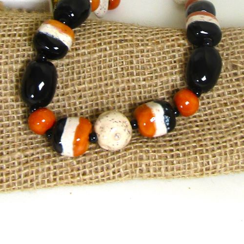 Handmade Black, Rust and Cream Kazuri Necklace