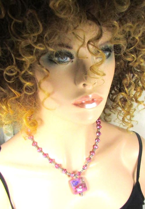 Handmade Pink Artisan Bead Pendant Necklace