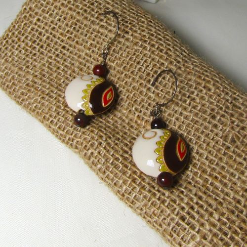 Handmade Ivory, black & red  Paisley Ceramic Earrings Golem 