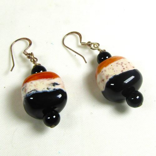 Cube  Earrings in Black and Cream Kazuri Beads