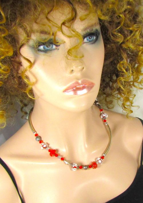 Red & White Beaded Necklace, Earrings and Bracelet Jewelry Set