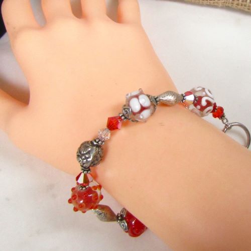 Red & White Beaded Necklace, Earrings and Bracelet Jewelry Set
