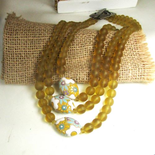 Golden Sea Glass Multi-strand Necklace with Handmade Artisan Beads