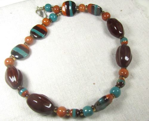 Peacock and Brown Beaded Kazuri Necklace