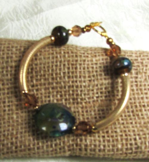 Gold Bangle Bracelet  with Blue Green Handmade Bead