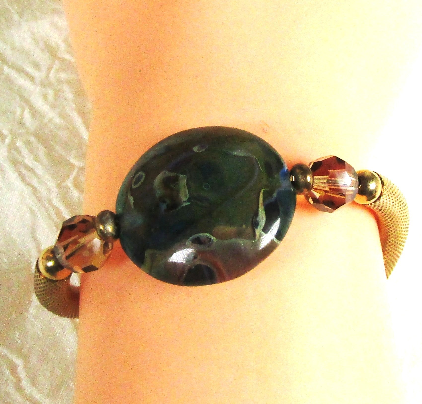 Gold Bangle Bracelet  with Blue Green Handmade Bead