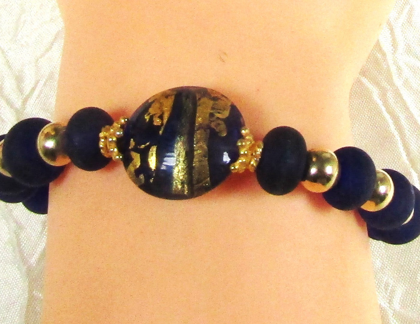Royal Blue and Gold Handmade Artisan Bead Bracelet