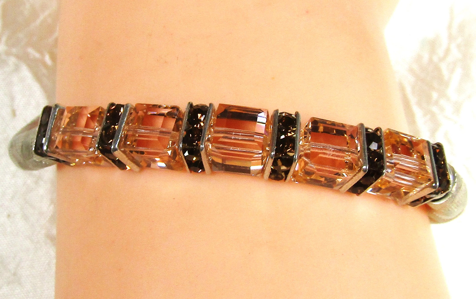 Mocha &  Peach Crystal Cube Noodle Bracelet