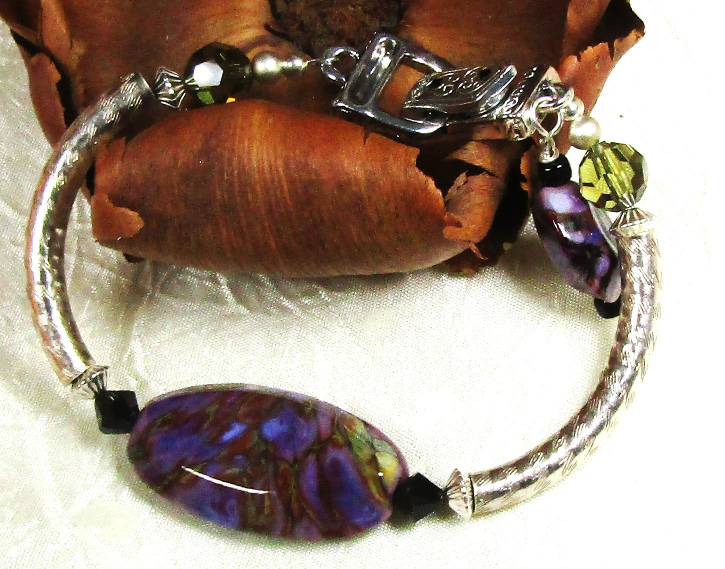 Purple Handmade Artisan  Bead & Silver Bangle Bracelet