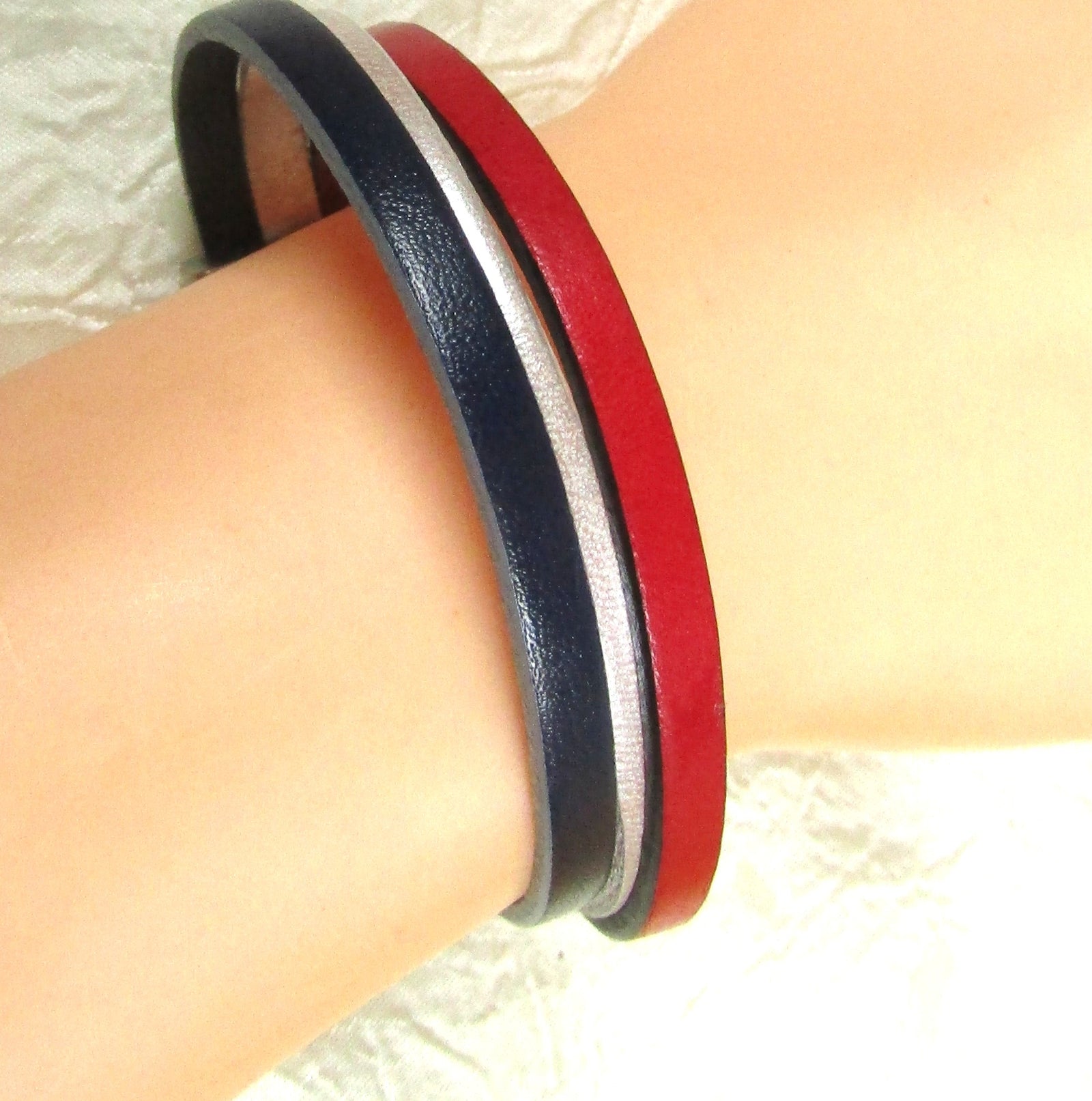 Red White & Blue Leather Cuff Bracelet with Silver Clasp