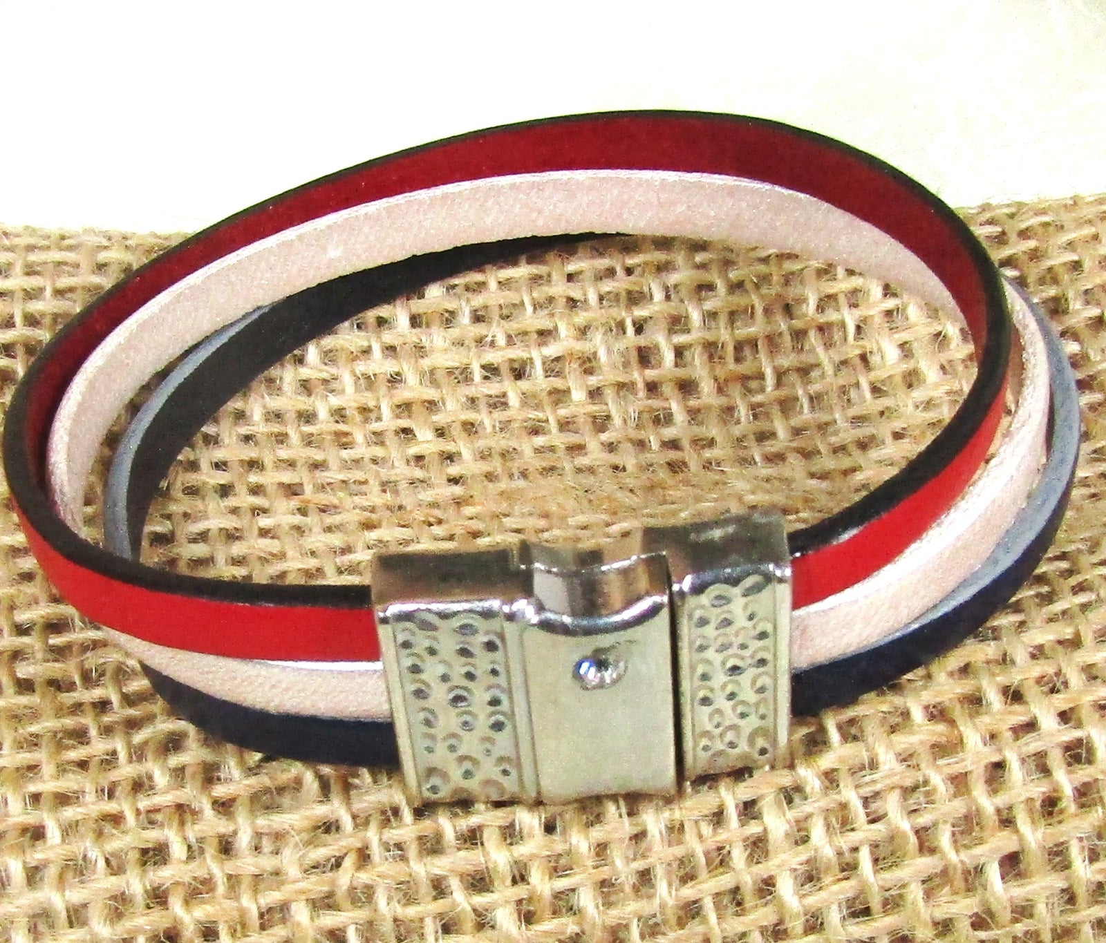 Red White & Blue Leather Cuff Bracelet with Silver Clasp