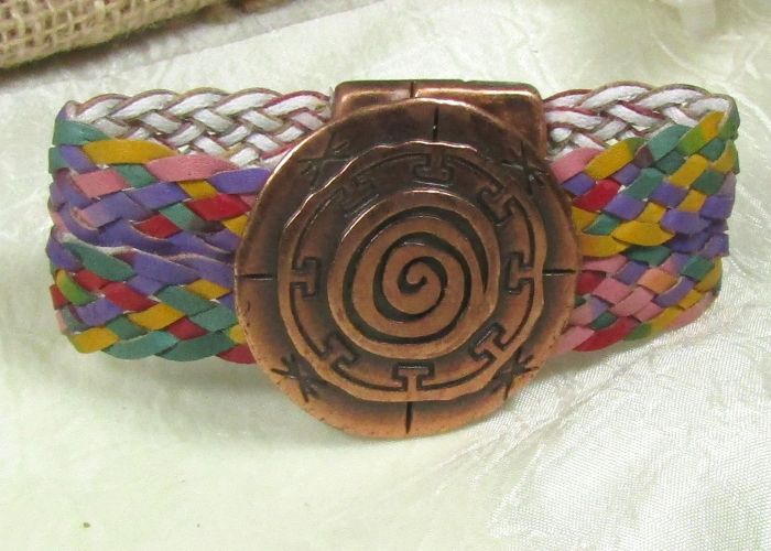 Copper and Multi-colored Braided Leather Cuff Bracelet