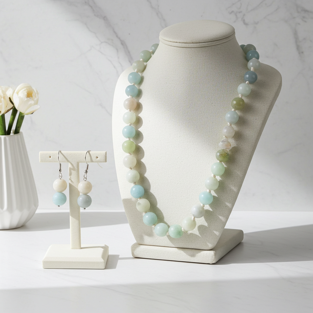 Necklace and earrings on a white stand with a marble background