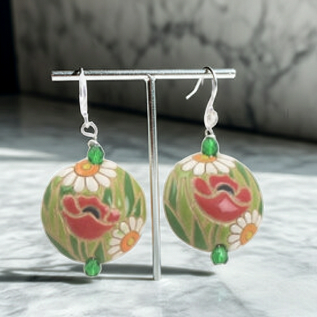Handmade Green & Red Poppy Ceramic Earrings  Golem
