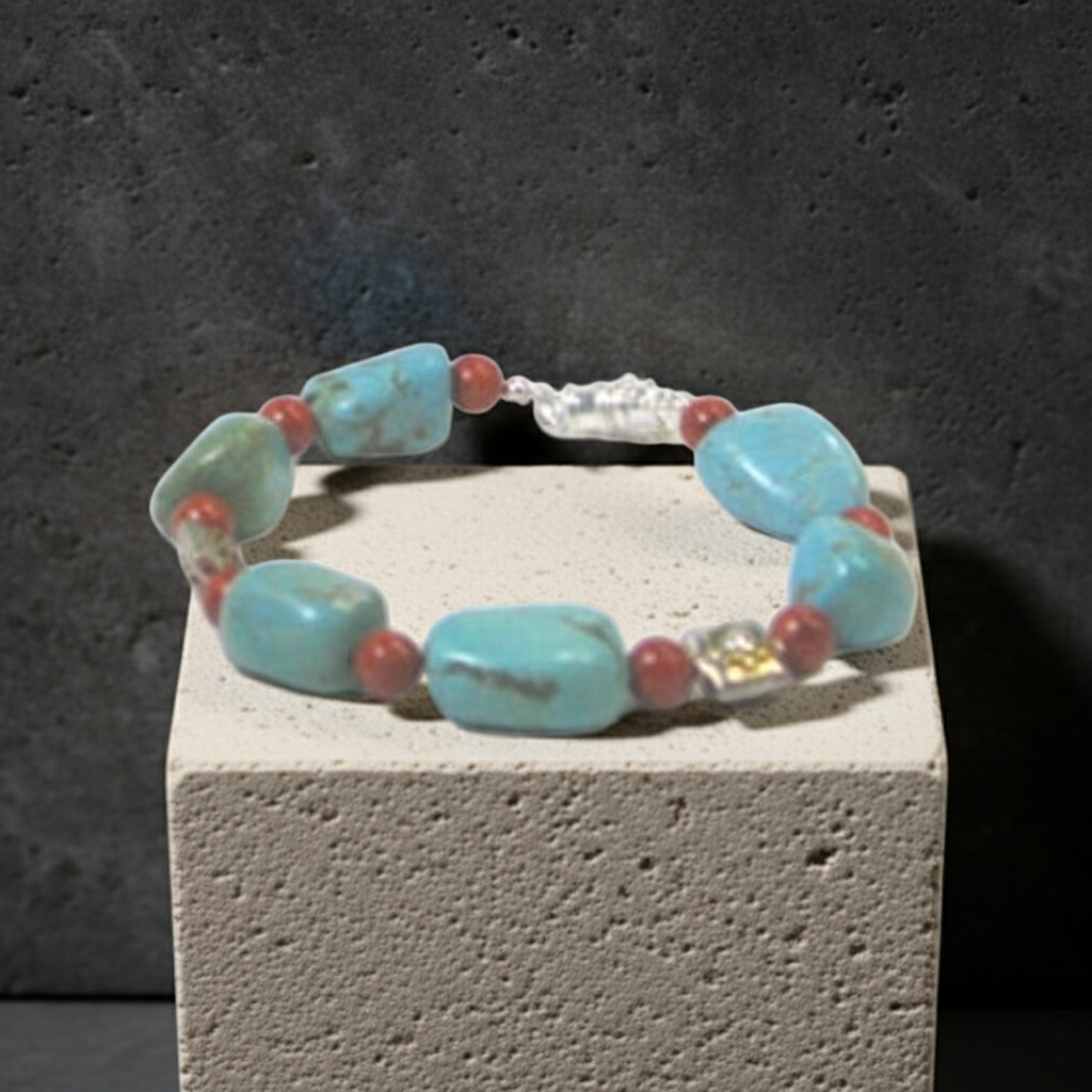 Turquoise Nugget and Red Bead Bracelet