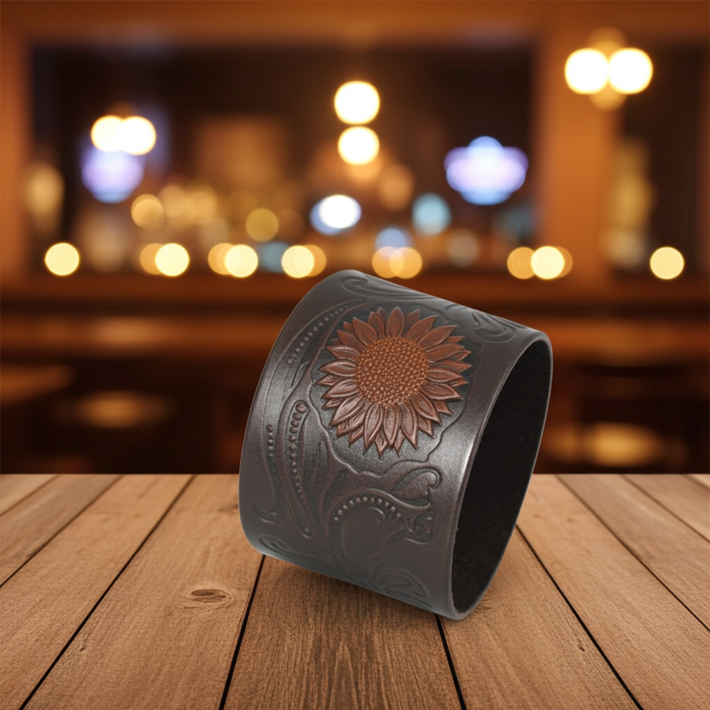 Stunning Brown Wide Tooled Leather Cuff Bracelet Unisex