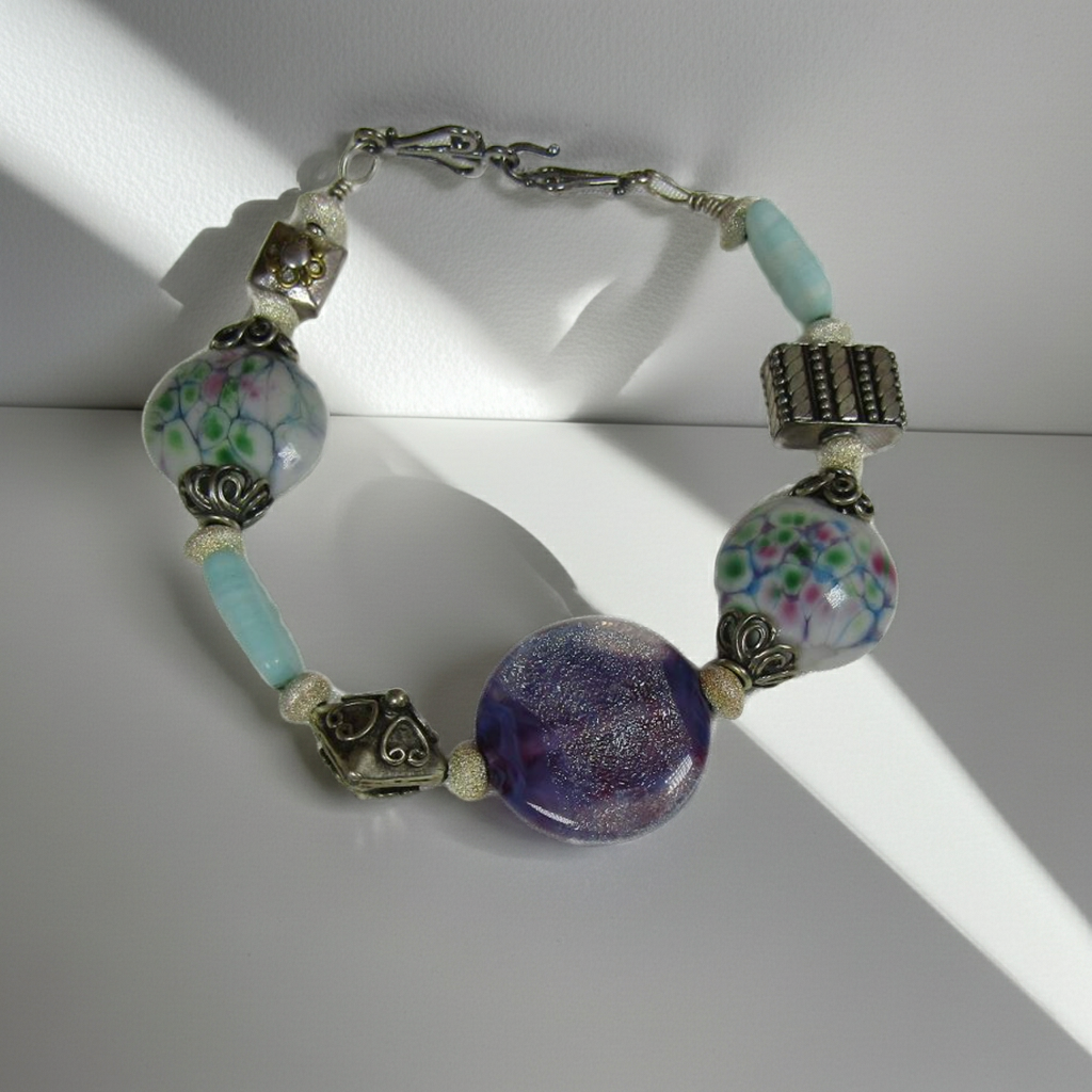 Purple, Aqua and Silver Artisan Bead  Bracelet