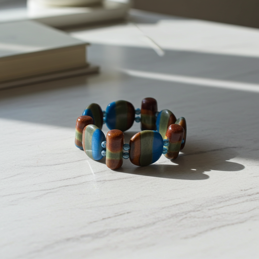 Handmade Kazuri Bead Cuff Bangle Bracelet Blue, Green & Brown