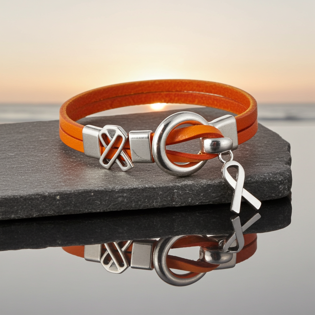 Orange Awareness Flat Leather Bracelet - Unisex