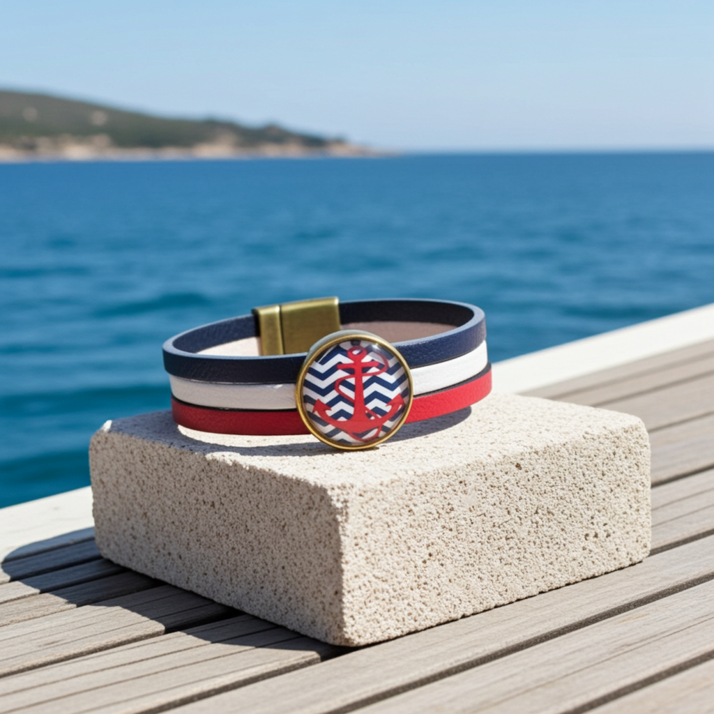 Red White & Blue Leather Bracelet with Anchor Focus