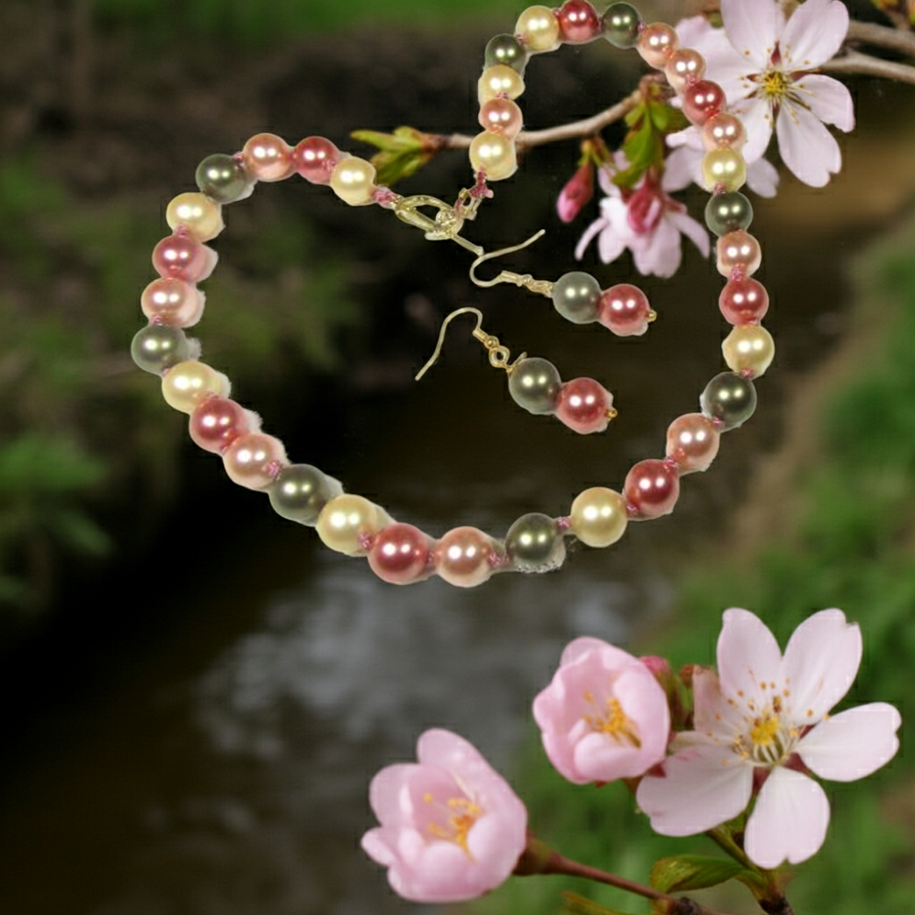 Dark Pink Multi-colored Pearl Necklace & Earrtngs